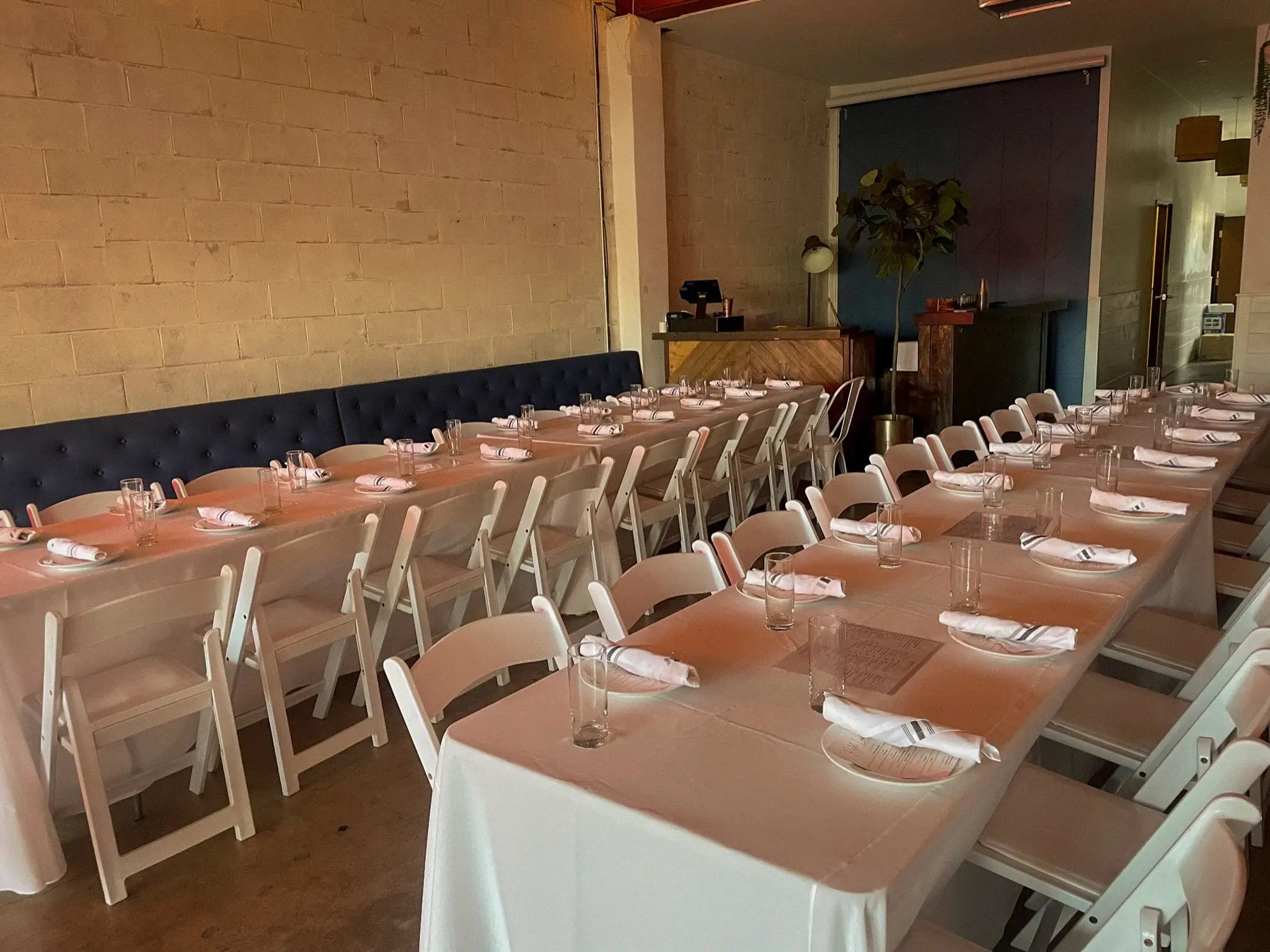 Elegant dining setup for private events and corporate dinners in Costa Mesa.